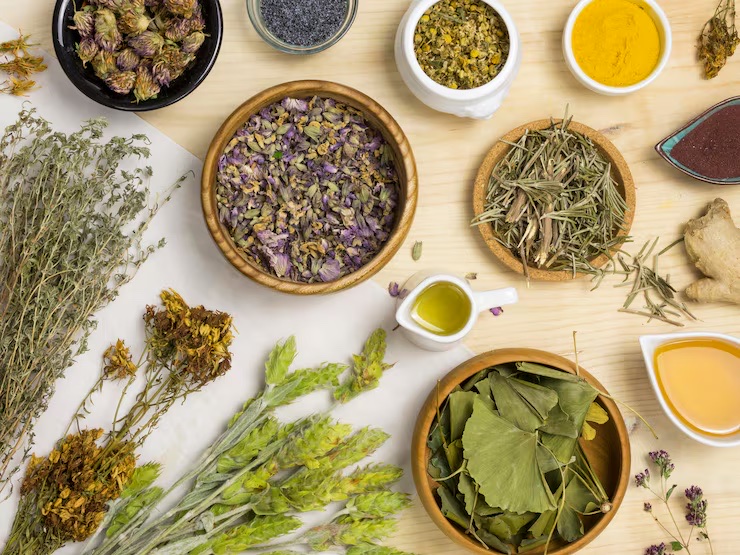 Plantas medicinales secas, especias e infusiones sobre una mesa de madera